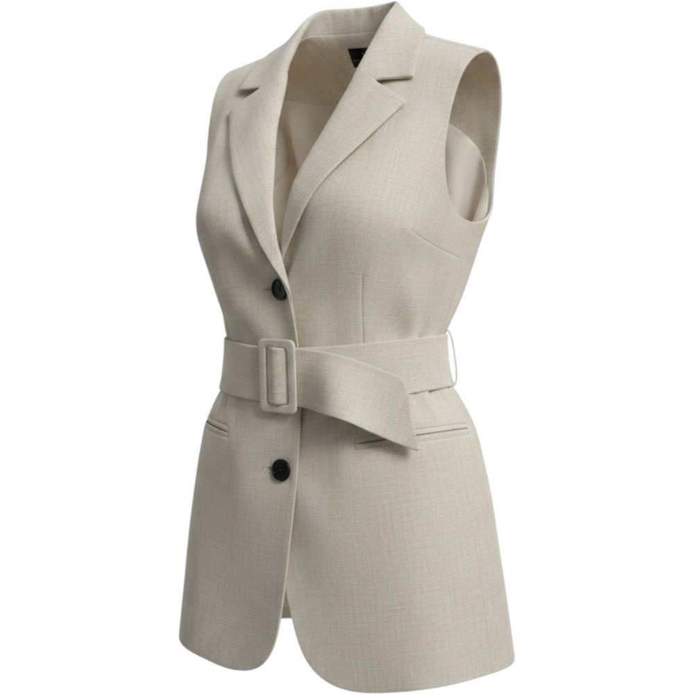 Worthington Womens Oatmeal Linen Blend Belted Sleeveless Longline Blazer Vest M